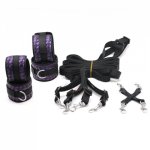 Smspade 2017 purple PU under the bed restraint kit with hogtie fabric belt handcuffs ankle cuffs female bondage bedroom kit