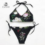 CUPSHE Flora Print Halter Bikini Set Women Sexy Cross Thong Bikini Two Pieces Swimwear 2018 Tied Beach Bathing Suits Swimsuits