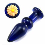 Blue Crystal Penis Pyrex Glass Anal Plug with Chrysanthemum Butt Plug Beads Ass Stimulation Male Female Masturbation Sex Toys