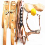 Brown Real Leather 4-in-1 Bondage Kit BDSM Fetish Play Mouth Gag Eye Mask Spanking Whip Wrist Cuffs Sex Toys for Women XLYBX1100