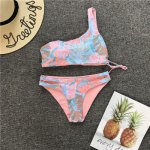Split Swimwear 2018 Women One Shoulder Swimsuit Leaf Printed Bikini Set Sexy Bandage Top Bra Bathing Suit Beachwear Banquini