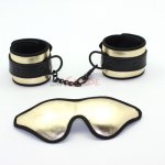 gold soft PU bondage restraint handcuffs and blindfold, adult sex restraint kit for couples, fun novelty bondage sex products