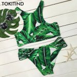 TOKITIND 2017 High Neck Bikini Green Swimsuit Leaf Print Bikinis Women Swimwear Sexy Brazilian Bikini Set Padded Beach Wear