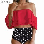 Seazea 2018 Sexy High Waist Swimsuit Print Swimwear Halter Bikini Set Ruffle Shoulder Bathing Suit Women Solid Bikinis Biquini