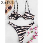 ZAFUL Sexy Bikini Set Vintage Zebra-Stripe Printed Swimsuit Deep V-Neck Push Up Underwire Triangle Bra Low Waist Thong Beachwear