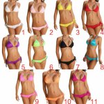 Sexy Two Piece Bikini Set Side Tie Drawstring Triangle Bottoms Swimsuit Halter Bandage No Padded Bra Candy Color Bathing Suit