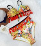 2019 Sexy Floral Print High Waist Swimsuit Bikini Push Up Swimwear Women Vintage Tassel