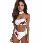 2018 NEW 2PCS Sexy Embroidery Womens Vintage High Waist Flower Print Bandeau Swimsuit Swimwear Bikini Set Bathing Beach Wear