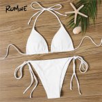 Romwe Sport Bikinis Set White SoildTriangle Top With Tie Side Tanga Bottoms Swimsuit Women Summer Low Rise Sexy Beach Swimwear