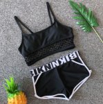 Women Black Swimsuit Printed Crop Top With Shorts Two Piece Bikini Sport Lace Up Push Up Swimwear Sexy Yoga Set
