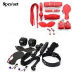 camaTech 8Pcs Leather Bondage Restraint Kit Handcuffs Ball Gag Mask Collar Nipple Clamp Whip Rope BDSM Set Erotic Toy For Couple