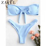 ZAFUL Bikini Bowknot Rib Bandeau Bikini Set Ribbed Strapless Cute Swimsuit Women Wire Free Sexy Bathing Suit 2019 Biquini Femme