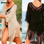 2019 New Women Sexy Tassel Crochet Tunic Beach Cover Up Derss Summer Bikini Cover-Up Swim Wear V Neck Sleeve Bathing Suit Beige