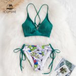 CUPSHE Sexy Green And Floral Lace-Up Bikini Sets Women Boho Two Pieces Swimsuits 2019 Girl Beach Bathing Suit Swimwear