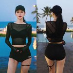 Women's Sexy Mesh Perspective Long Sleeve Three-Piece Bikini Crossover Beauty Back Stretch Swim Suit Dropshipping