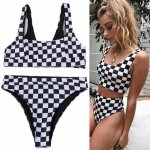 2019 Sexy Ladies Split Swimwear Set Black White Grid Printed High Waist Bikini Briefs Swimsuits for Beach ALS88