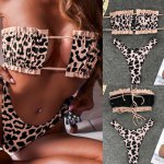 Women's Sexy Beach Swimwear Leopard Printed Pink Hollow Out Tube Top Two Pieces Ruffle Bandage Split Bikini Set Beachwear Summer