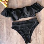 2019 Women Bikini Set Sexy Stripe Lotus Leaf Edge High Waist Swimming Button Suit Irregular Push Up Bikini Mini Swimwear