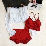New Sexy Women Bikini Set Red Ruffle Swimsuit With White Long-Sleeved Cover Up High Waist Bikini Biquinis Three-Piece Swimwear