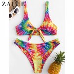 ZAFUL Tie Dye Tied Padded Bikini Swimsuit Sexy Swimwear Women Tie Plunging Neck Push Up Bathing Suit Chic Aesthetic Bikini 2019