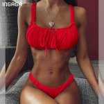 INGAGA Solid Micro Bikini Sexy Thong Swimsuit Female Push Up Biquini 2020 String Fashion Swimwear Women Red Ruched Bathing Suit