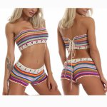 Womens Sexy Bohemian Rainbow Handmade Crochet Knitted Bikini Set Drawstring Lace Up Bandeau Tube Top Shorts Beach Swimsuit