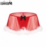Christmas Lingerie Mens Underwear Sissy Santa Baby Red Panties Sexy Transparent Briefs with Penis Hole Gay Feather Panty Skirt