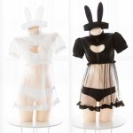 Kawaii Bunny Girl Heart hollow out Perspective Sexy Women Cosplay Cute Nurse's Uniform Set Whith Tail Lingerie Suit Black+White