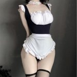 Women Sexy Maid Cosplay Lingerie Erotic Ruffles Backless Bodysuit Apron Bell Choker Collar Set Japanese Style Nightwear Outfit