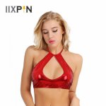 Women Pole dance costumes Sexy crop top bikini Shiny Metallic Faux Leather Sleeveless Halter Neck Cut Out Strappy Crop Tops Vest