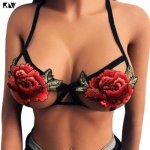 KLV Sexy Halter Deep V-Neck Open Cup Bralette Embroidered Red Flower Applique Patch Bandage Bustier Backless Lingerie Club Bra
