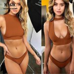 High Neck Solid Color Bikini Set Hollow Sexy Two ways of wearing Swimsuit Women's Swimwear Beach Push Up Swimming Suit New