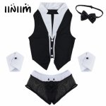 iiniim Mens Male Sexy Maid Dress Exotic Costumes Party Lingerie Set Hollow Out See-through Underwear with Collar Handcuffs