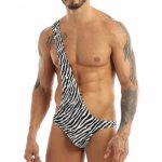 MSemis Mens Lingerie Mankini Strap Thong Sexy Borat Swimsuit Stretchy Zebra Striped One-shoulder Bodysuit Gay Underwear Swimwear