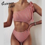 Striped bikini One shoulder bathing suit Bandage swimming suit for women Sexy swimsuit female 2020 swimwear women monokini new