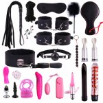 22 Pcs Handcuffs leather whip rope set Massaging Anal Butt Plug Ring Vibrator Massager Sex Toy Set For Couple Adult SM Suit Y925