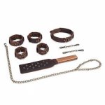 Genuine Leather Retro BDSM Bondage Set Erotic Handcuffs Spanking Paddle Leash Slave Collar Ankle Cuff Whip Sex Toys for Couple