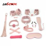 SMSPADE Pink 10Pcs/Set Blindfold,Mouth Gag,Collar,Handcuffs, Ankle Cuffs,Whip,Paddle,Nipples,Rope,Hogtie BDSM Adult Sex Toys Kit