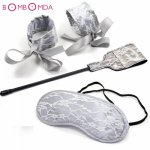 4pcs/Set Silver Sexy Lace Mask Handcuffs Whip Racket Sex Toys for Couples Adult Games Blind fold Set Women Exotic Bondage Kit O2
