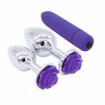 Smooth Metal Anal Plug Vibrator Purple Rose Flower Allergy-free Stainless Steel Prostate Massager Butt Beads Women Sex Toys