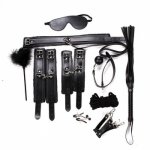 Sex Products 10pcs/Set SM Bondage Set Leather Fetish Adult Games Blindfold leather whip mouth ball handcuffs cotton rope Toy Set