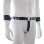 Leather Chastity Pants Device Underwear Panties Dildo Bdsm Bondage Restraints With Penis Cock Cage Ring Handcuffs Wrist Cuffs