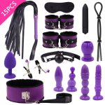 Adult Games SM Sex Toys 7/8/11/15pcs BDSM Bondage Kits Handcuffs Whip Collar Nipple Clamps Whip Anal Plug Vibrator Butt Plug