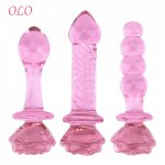 OLO Pink Rose Flower Shape Anal Plug Anal Bead Glass Dildo Sex Toys for Women Butt Stimulation Adult Products Prostate Massager
