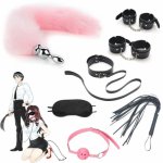 7PCS BDSM Bondage Wrist Cuffs Anal Plug Tail  Pink Ball Gag Collar Whip Eye mask for Cosplay Adult Sex Toy for Couples Kit