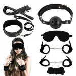 7pcs BDSM Sex Bondage Set PU Handcuffs Nipple Clamps Collar Gag Whip Rope Tail Anal plug Vibrator Couples Sex Toys for Adults