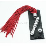 red  suede leather  flogger whip with metal anal butt plug,metal butt plug,sex leather whip with metal handle