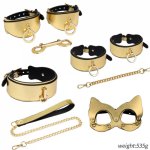 BDSM Kits Gold PU Leather Bondage Set Fetish Handcuffs Collar With Traction Chain Erotic Sex Toys For Women Couples Adult Games