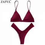 Zaful 2017 Women New Textured High Cut Padded Plunge Bikini Set Sexy Low Waisted Spaghetti Straps Swimsuit Brazilain Swimwear