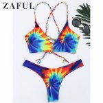 Zaful 2017 New Women Tie Dye Braided Criss Cross Bikini Set Sexy Spaghetti Straps Beach Swimwear Women Swimsuit Bathing Suit 